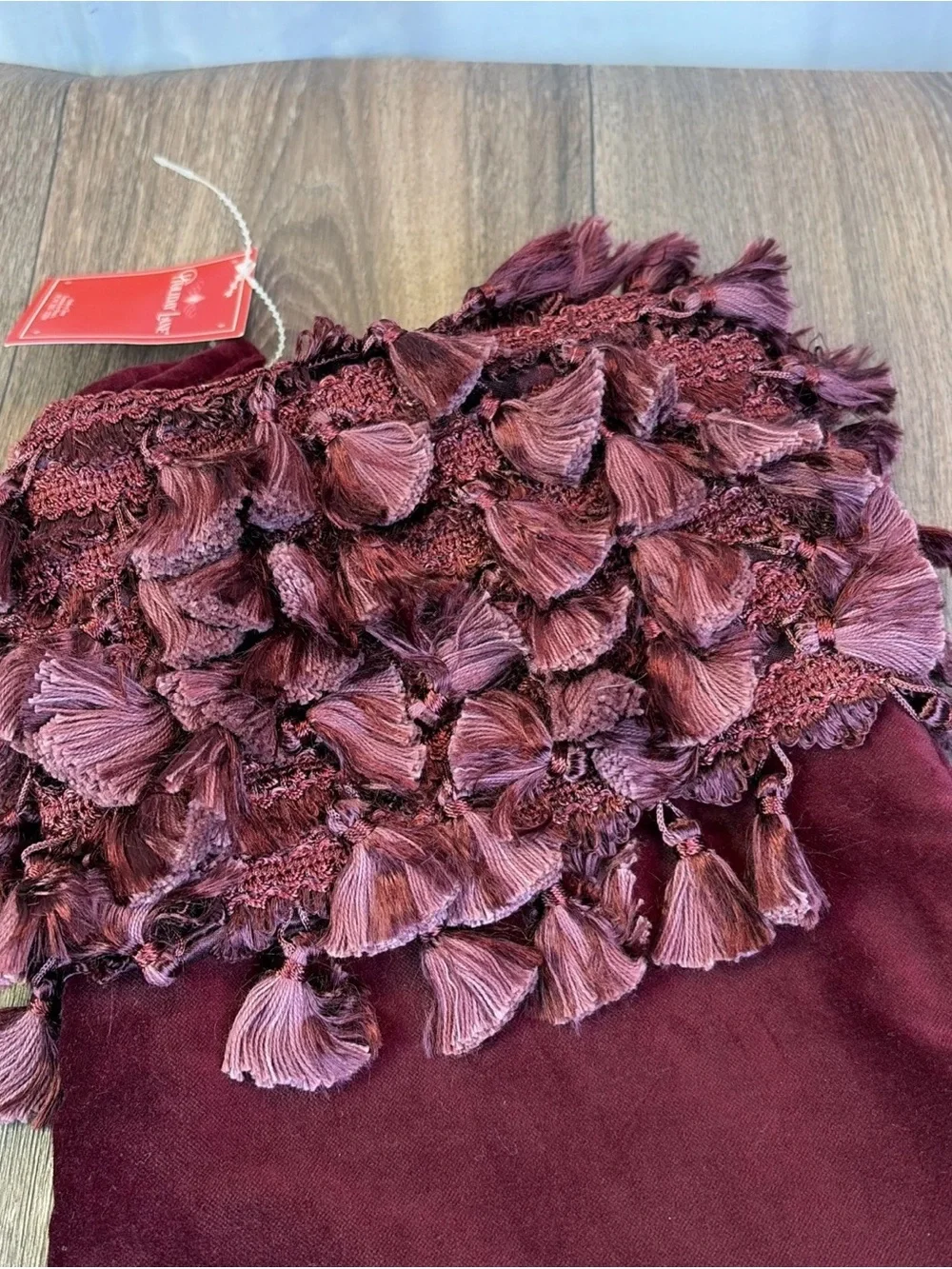 Macy's Holiday Lane Burgundy Velvet Christmas Stocking with Fringe 21